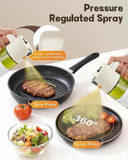 OURCABECUE Upgrade 2 in 1 Oil Sprayer for Cooking, 17oz Light-Blocking Glass Olive Oil Dispenser Bottle for Kitchen,Food-Grade Oil Mister with 8 Stickers for Salad, Frying (Green Bottle-White Gap) - Image 3
