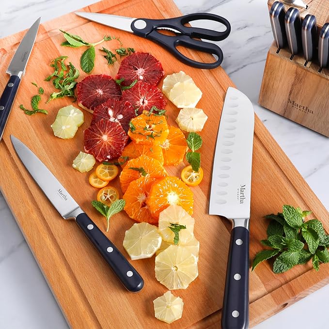 MARTHA STEWART Eastwalk 14 Piece High Carbon Staineless Steel Cutlery Set w/ABS Triple Riveted Forged Handle Acacia Wood Block - Navy Blue - Image 6