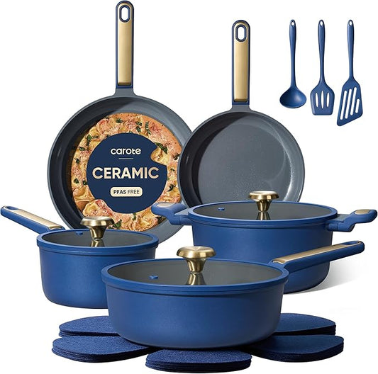 CAROTE Ceramic Cookwar Set, Pots and Pan Set Non Stick 16 Piece, Cookware Set Kitchen Cooking Set Non Toxic, PFAS PTFE Free, Blue by CAROTE