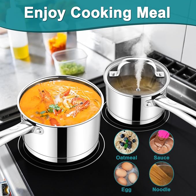 E-far Stainless Steel Saucepan with Lid Set - 2QT & 3QT, Triply Sauce Pan Induction Pot for Cooking, Boiling, Compatible with All Stoves, Visible Lid, Healthy & Non Toxic, Oven & Dishwasher Safe - Image 4