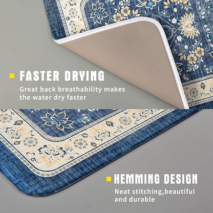 Blue Boho Dish Drying Mat for Kitchen Counter 16x18 Inch Fast Dry Drying Pad Vintage Floral Dish Drainer Rack Mats Coffee Bar Accessories
