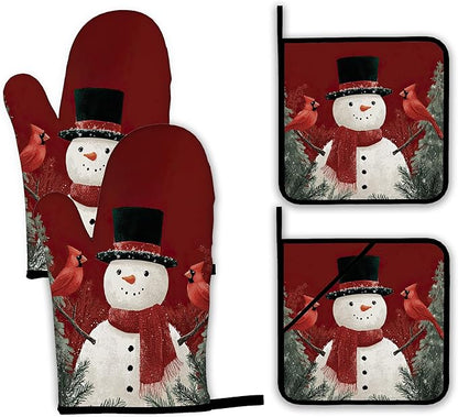 Christmas Snowman Oven Mitts and Pot Holders,Cardinal Heat Resistant Oven Mitts Gloves and Pot Holder for Home Kitchen Decorations Cooking Baking BBQ Gifts,Set of 4