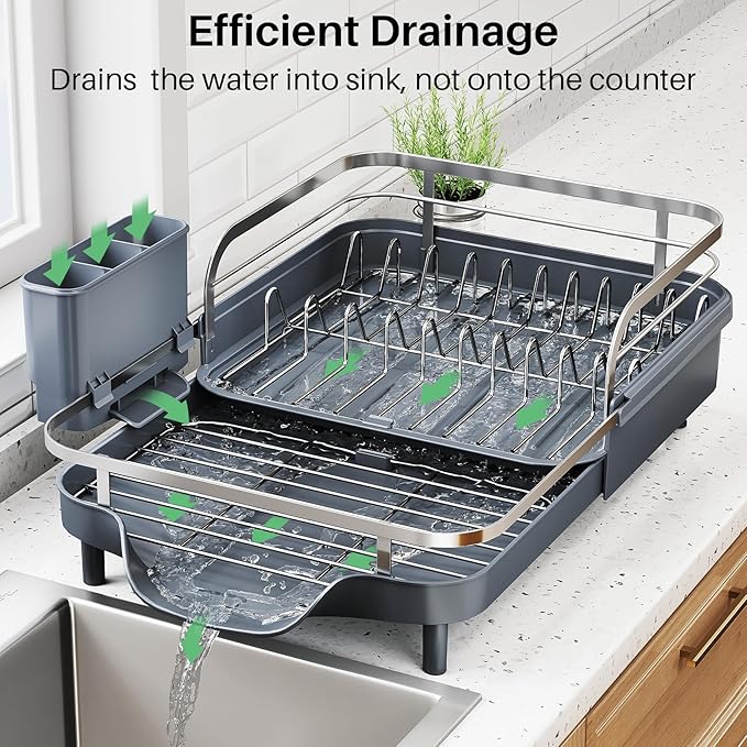 SNTD Dish Drying Rack, Expandable Dish Rack for Kitchen Counter, Stainless Steel Dish Drainer with Drainboard Set and Utensil Holder (Gray) - Image 3