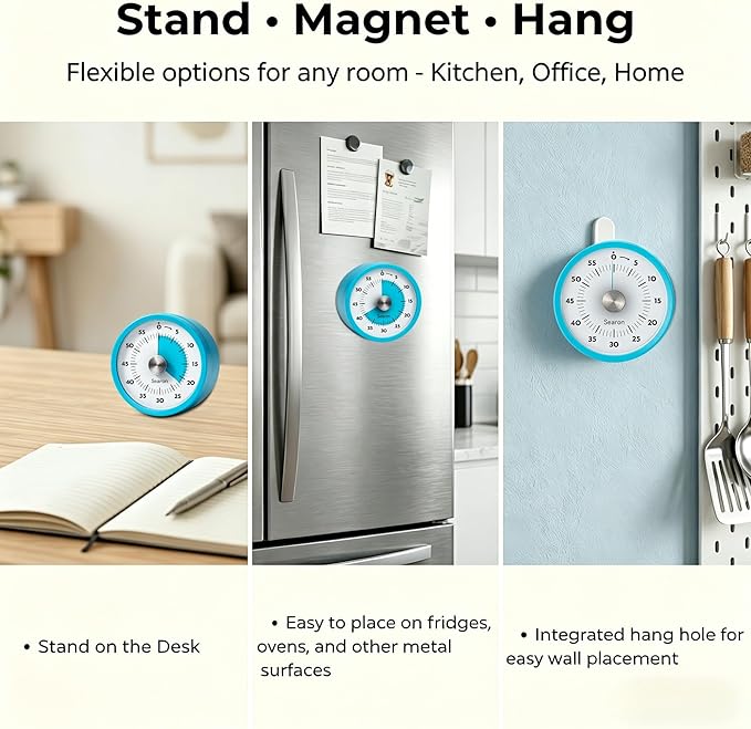 Searon Magnetic Visual Kitchen Timer, 60 Minute Countdown Timer with LED Alert, Turn the Dial to Start, No Winding Needed for Cooking, Baking, Meal Prep & Daily Kitchen Tasks (Blue)