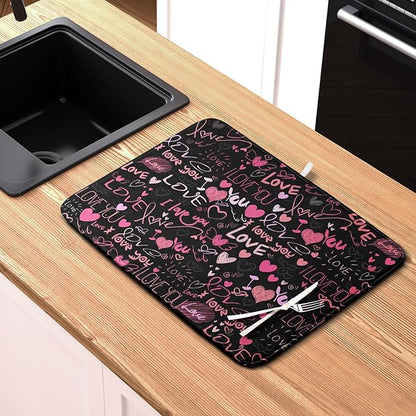 Mother's Day Dish Drying Mat for Kitchen Counter Love Heart Black Drying Mats Absorbent Reversible Microfiber Dish Pad Washable Dish Draining Mat Extra Large 16x18 inch - Image 6