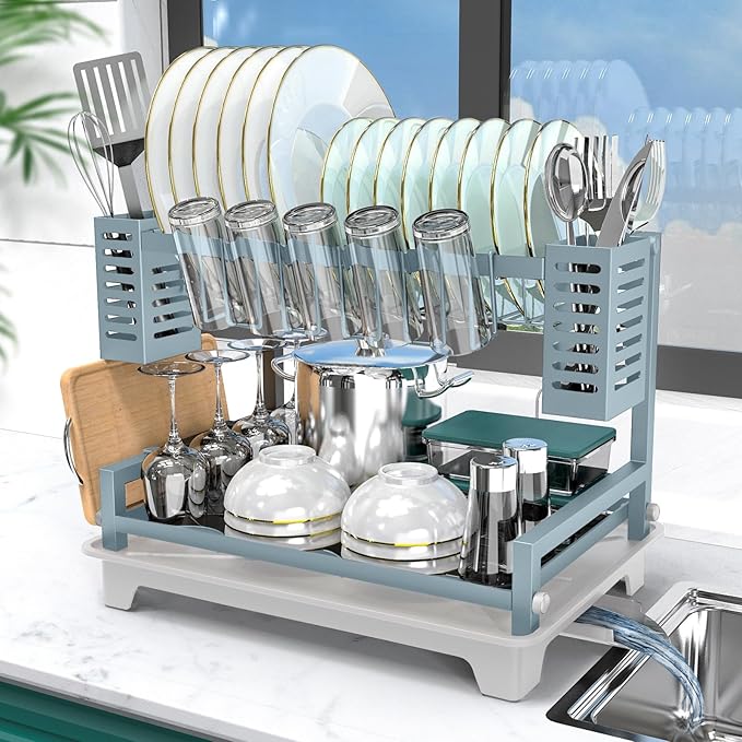 B-Land Dish Drying Rack, 2 Tier Dish Racks for Kitchen Counter, Large Dish Drying Rack with Drainboard & Utensil Holders, Rust-Proof Dish Drainers,Kitchen Organization by B-Land