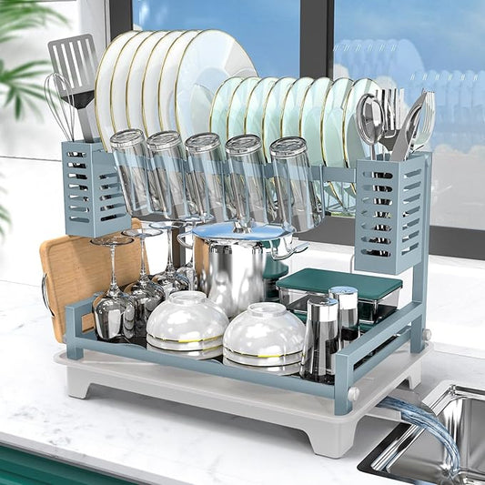 B-Land Dish Drying Rack, 2 Tier Dish Racks for Kitchen Counter, Large Dish Drying Rack with Drainboard & Utensil Holders, Rust-Proof Dish Drainers,Kitchen Organization by B-Land