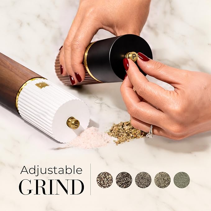 Wooden Salt and Pepper Grinder Set – Refillable Manual Salt and Pepper Mills with Adjustable Ceramic Burrs, Gold Detailing, and Wood Stand – White, Black and Acacia - Image 2