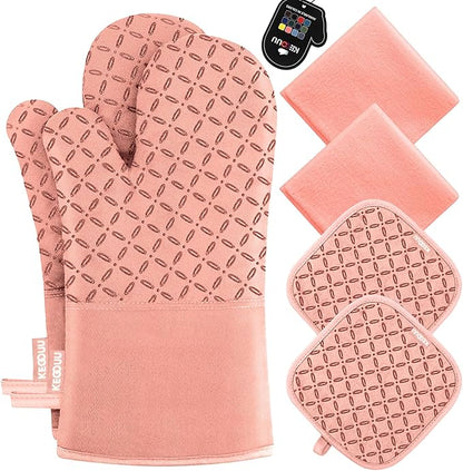 KEGOUU Oven Mitts and Pot Holders 6pcs Set, Kitchen Oven Glove High Heat Resistant 500 Degree Extra Long Oven Mitts and Potholder with Non-Slip Silicone Surface for Cooking (Pink) by KEGOUUOvenMitt