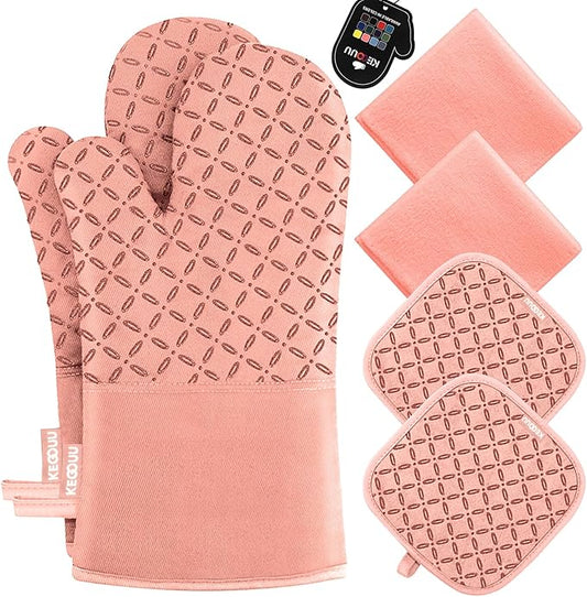 KEGOUU Oven Mitts and Pot Holders 6pcs Set, Kitchen Oven Glove High Heat Resistant 500 Degree Extra Long Oven Mitts and Potholder with Non-Slip Silicone Surface for Cooking (Pink) by KEGOUUOvenMitt