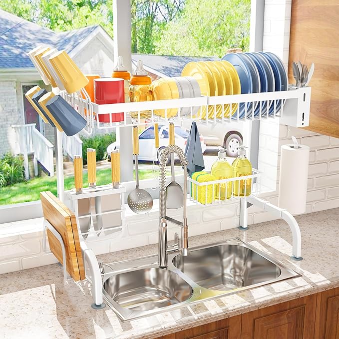 Over The Sink Dish Drying Rack, Adjustable (25.5 to 36.5 inch) 2 Tier Metal Steel Dish Drying Racks for Kitchen Counter with Hooks Paper Towel Utensil Cup Holder Sink Caddy (White) - Image 2
