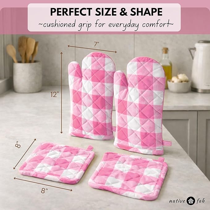 Native Fab Buffalo Plaid Check Oven Mitts and Pot Holders Set of 4, 100% Cotton Heat Resistant Kitchen Gloves, 2 Oven Mitts (7x13), 2 Pot Holders (8x8) for Cooking & Baking, Pink White - Image 8