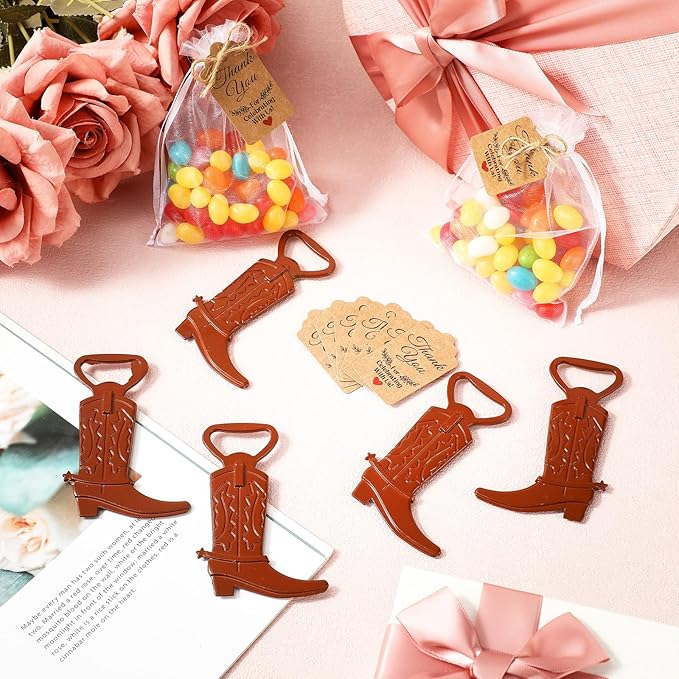 Meanplan 99 Pcs Cowboy Boot Bottle Opener Set Cowgirl Western Derby Wedding Party Favor Includes Cowboy Beer Bottle Opener Organza Bag Thank You Tag and Jute Rope for Guest Wedding Party Baby Shower - Image 5