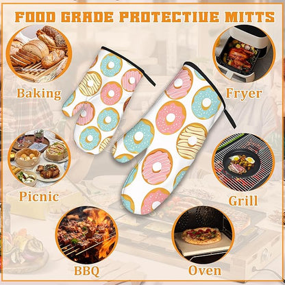 Pink Doughnut Oven Mitts and Pot Holders Set,Kitchen Oven Gloves and Pot Holder with Heat Resistant Non Slip for Cooking Baking Grilling(4 Piece Set)