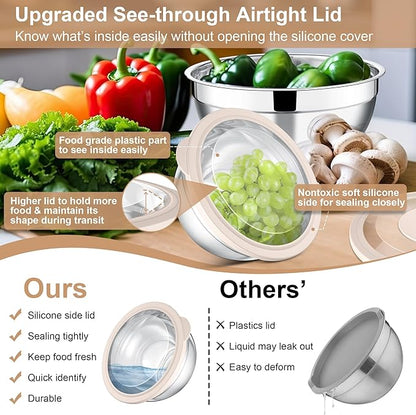 E-far Mixing Bowls with Lids and Graters, Stainless Steel Salad Mixing Bowl with Transparent Lid Set of 3, Metal Nesting Salad Storage for Kitchen Prepping/Serving/Baking, 4.6/2.6/1.5QT - Khaki