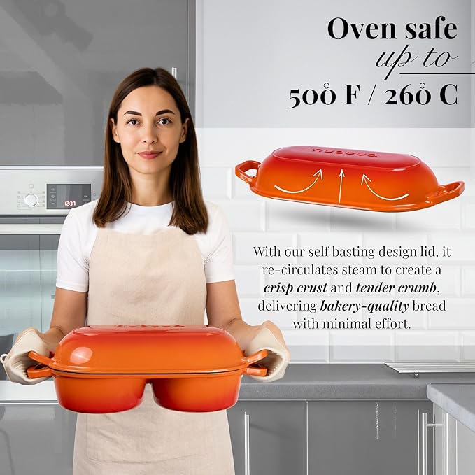 Dutch Oven For Sourdough Bread Baking – Enamelled Cast Iron Bread Loaf Pot – 500°F Oven Safe Non Stick Bread Pot – Double Round Loaf Space, 16.5cm Diameter, Orange, – by Nuovva - Image 3