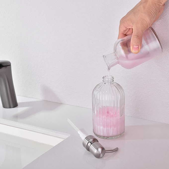 Glass Soap Dispensers for Kitchen and Bathroom, 16oz Heavey Glass Bottle, Stainless Steel Brushed Nickel Pump,Clear Farmhouse Bathroom Soap Dispenser