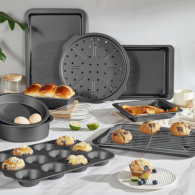 HONGBAKE Bakeware Sets, Baking Pans Set with Reusable Silicone Sheet Trays Dividers, Nonstick Oven Pan with Wider Grips, 14-Piece Including Rack, Cookie Sheet, Cake, Loaf, Muffin, Pizza Pan - Image 2