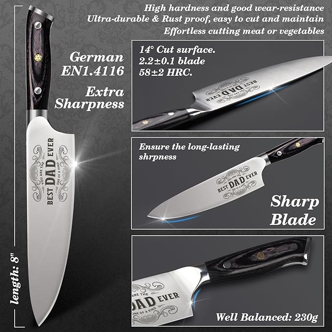 Funistree Gift for Dad Men, Dads Gifts for Dads, Dad Birthday Gift from Daughter Son Kids, 8 inch Pro German 1.4116 Chef Knife, Kitchen Knife Gift Set for Best Easter Dad Father Gifts