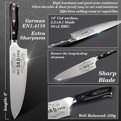 Funistree Gift for Dad Men, Dads Gifts for Dads, Dad Birthday Gift from Daughter Son Kids, 8 inch Pro German 1.4116 Chef Knife, Kitchen Knife Gift Set for Best Easter Dad Father Gifts