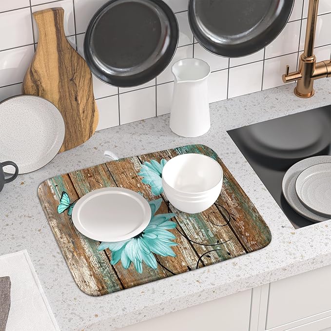 Giwawa Rustic Daisy Dish Drying Mat for Kitchen Countertop 16x18 inch Fall Teal Sunflowers on Wooden Board Dish Drainer Mats Fast Drying Country Vintage Shabby Chic Flower Dish Drying Pad Cabin Decor