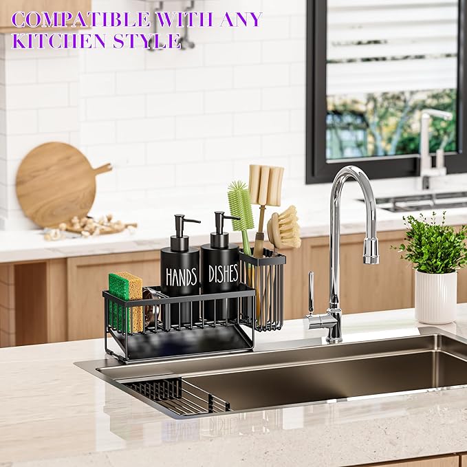 MASADI Kitchen Dish Soap Dispenser Set with Sponge Holder, 12OZ Glass Bottle, Hand and Dish Soap Dispenser Set, Non-Slip Silicone Pad, Brush Holder, Kitchen Sink Organizer Countertop (Black) - Image 6