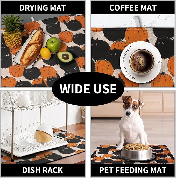 Happy Halloween Dish Drying Mat for Kitchen Counter 18x24 Inch Cute Pumpkin Black Cat Trick or Treat Drying Mats Large Microfiber Absorbent Dish Rack Pad for Coffee Bar Sinks Home Accessories - Image 7