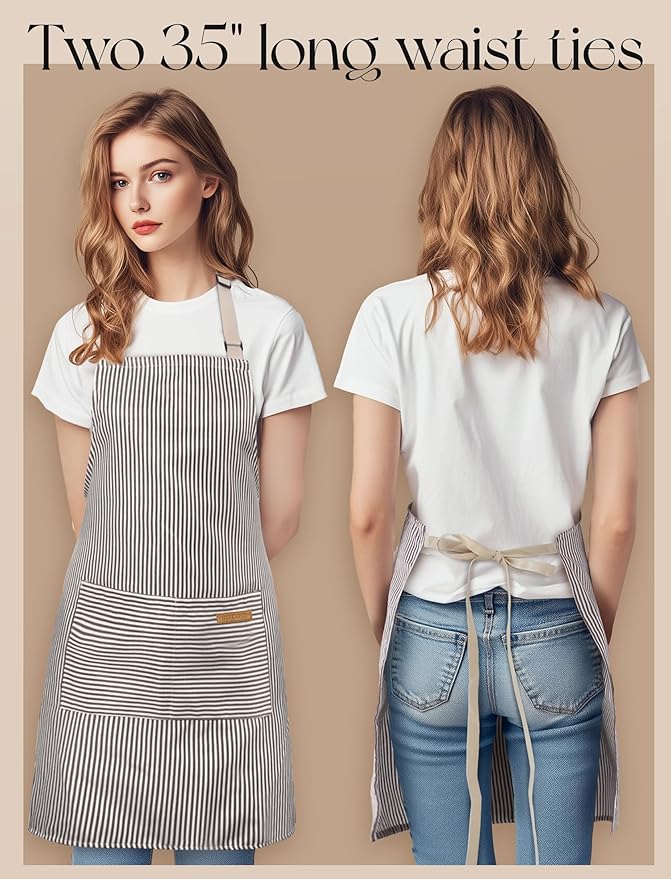 2 Pack Kitchen Cooking Aprons, Soft Aprons for Women Men with 2 Pockets Chef Apron with Adjustable Neck Strap and Long Tie - Image 4