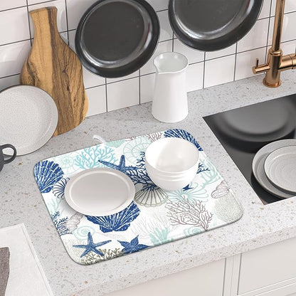 Summer Navy Blue Dish Drying Mat for Kitchen Counter 16×18 Inch Coral Drainer Pad Washable Starfish Dish Rack Pad Drainer Mat Beach Absorbent Reversible Microfiber Dish Drying Pad for Coffee Bar