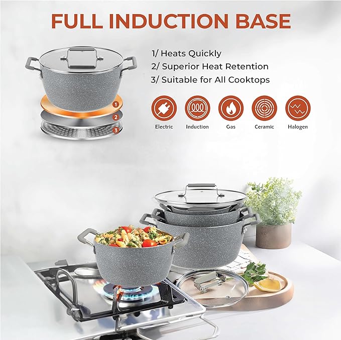 Granitestone Gray Pots and Pans Set Nonstick, 6 Stackable Piece Cooking Pots Set, Kitchen Pots, Non Stick Coating, 5qt 3qt & 1.5qt Pots with Lids, Stay Cool Handles Dishwasher Safe 100% Toxin Free - Image 4