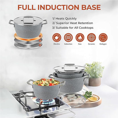 Granitestone Gray Pots and Pans Set Nonstick, 6 Stackable Piece Cooking Pots Set, Kitchen Pots, Non Stick Coating, 5qt 3qt & 1.5qt Pots with Lids, Stay Cool Handles Dishwasher Safe 100% Toxin Free - Image 4
