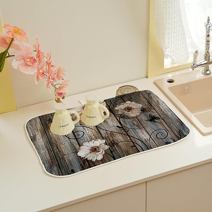 Spring Dish Drying Mat 18x24 Inches For Kitchen Counter Absorbent Floral Special Kitchen Decoration Summer Flower Drying Mat Pad For Home Kitchen,Dining Room,Office Decoration
