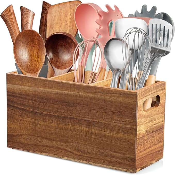 ALELION Acacia Wood Utensil Holder Organizer for Counter - Large Wooden Utensil Caddy for Countertop - 3 Compartment Cooking Tool Holder for Spatula - for Farmhouse Kitchen Decor and Accessories by ALELION