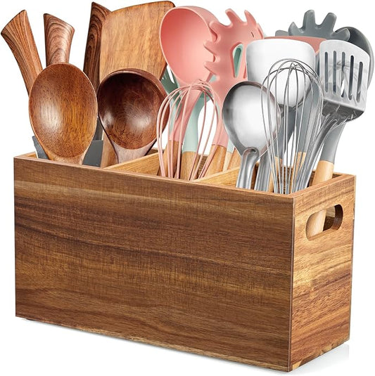 ALELION Acacia Wood Utensil Holder Organizer for Counter - Large Wooden Utensil Caddy for Countertop - 3 Compartment Cooking Tool Holder for Spatula - for Farmhouse Kitchen Decor and Accessories by ALELION