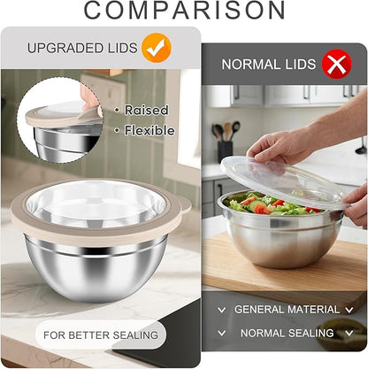 HaWare Mixing Bowls with Airtight Clear Lids, 6-Piece Stainless Steel Strong Nesting Bowls Set, Metal Salad Bowl for Cooking, Prepping, Baking, Serving & Food Storage, Size 4.6, 3, 1.5QT, Khaki - Image 4