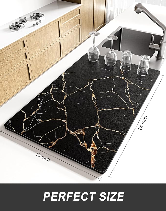 Rnivvi Dish Drying Mat for Kitchen Counter, XL 15 x 24" Cute Marble Absorbent Draining Pad, Non-Slip Heat Resistant Coffee Bar Mats for Coffee Machine Station Accessories, Black Gold Dish Rack Pad - Image 2