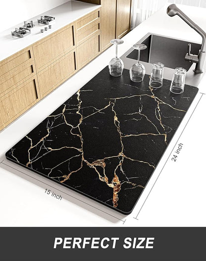 Rnivvi Dish Drying Mat for Kitchen Counter, XL 15 x 24" Cute Marble Absorbent Draining Pad, Non-Slip Heat Resistant Coffee Bar Mats for Coffee Machine Station Accessories, Black Gold Dish Rack Pad - Image 2