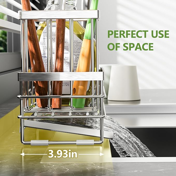 Cisily Sink Caddy Sponge Holder for Kitchen with Brush Holder and Stainless Steel Self Drain Tray, Rustproof Kitchen Sink Organizer for Sponge, Soap Dispenser Storage Accessories (Stainless Steel) - Image 5