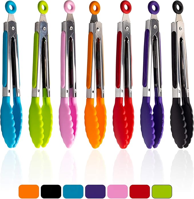 7 Pack Kitchen Tongs Set 7-Inch Color Mini Small Food Tongs with Stainless Steel Silicon Handles and Nylon Tips Heat Resistant Tongs for Cooking, Serving, BBQ, Grilling, Salad and More - Image 7