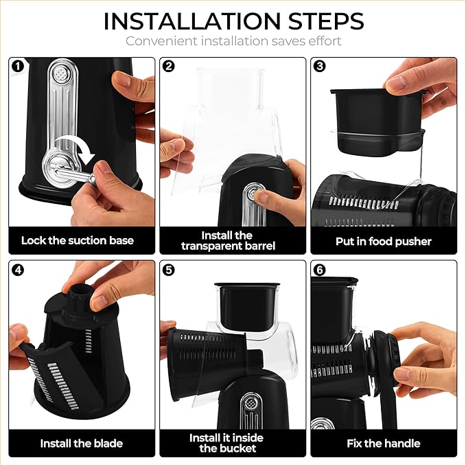SUSTEAS Rotary Cheese Grater with Handle - Vegetable Shredder with 5 Well-designed Blades & Strong Suction Base,Round Mandoline Slicer & Food Chopper for Kitchen,with Blade Storage Box(Black) - Image 6