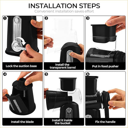 SUSTEAS Rotary Cheese Grater with Handle - Vegetable Shredder with 5 Well-designed Blades & Strong Suction Base,Round Mandoline Slicer & Food Chopper for Kitchen,with Blade Storage Box(Black) - Image 6