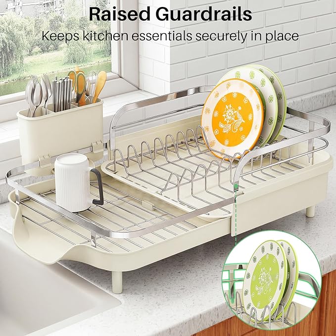 SAYZH Dish Drying Rack - Expandable Dish Rack for Kitchen Counter, Rust-Resistant Dish Drainer with Utensil Holder and Raised Guardrail, Kitchen Organizer for Cup and Bottle (Beige) - Image 5