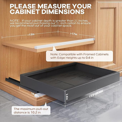 Seinloes 2 Pack Expandable Pull Out Cabinet Organizer 16.5"Deep With Raising Pad for Framed Cabinets,Upgrade 3 Slide Rails Slide Out Drawers,No Drill Roll Out Shelves,Adjustable Width 12.2"-20.4"Black - Image 4