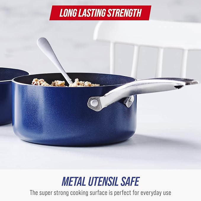 Blue Diamond Nonstick 2QT Saucepan with Lid, Non Toxic PFAS-Free Diamond Ceramic, Dishwasher & Oven Safe, Metal Utensil Safe Pot, Stay Cool Handle, Chef Pan, Glass Lid, Blue - Image 5