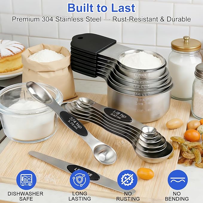 Magnetic Measuring Cups & Spoons Set, Strong N45 Magnets, Heavy Duty Stainless Steel Fits in Spice Jars for Baking & Cooking, BPA Free, Round Set of 15 with Leveler,Dark Black - Image 3