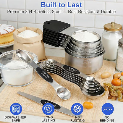 Magnetic Measuring Cups & Spoons Set, Strong N45 Magnets, Heavy Duty Stainless Steel Fits in Spice Jars for Baking & Cooking, BPA Free, Round Set of 15 with Leveler,Dark Black - Image 3