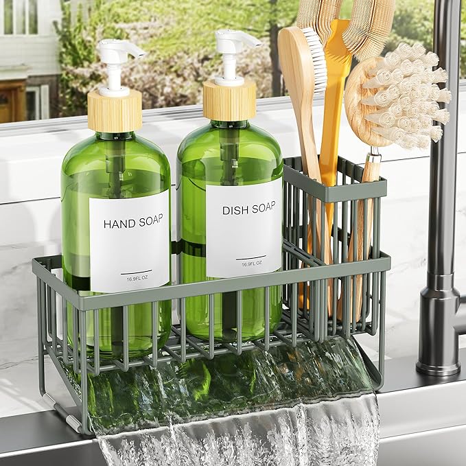 Cisily Sage Green Kitchen Dish Soap Dispenser, 16 fl Oz Dual Kitchen Soap Dispensers with Sponge Holder, Customized Stainless Steel Kitchen Soap Dispenser Set, Modern Hand and Dish Soap Bottle Set by CISILYHOMELIFE