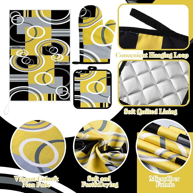 Jingmore 6 Pcs Kitchen Decor Set Accessory Farmhouse Kitchen Towels Pot Holders Oven Mitts Set 2 Dish Towels 2 Pot Holders 2 Cooking Mittens Oven Glove for Cooking(Black, Yellow, Gray,Geometric) - Image 6