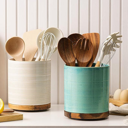 Utensil Holder, 360° Rotating Extra Large Ceramic Kitchen Utensil Holder for Countertop, Cooking Utensil Crocks for Counter with Rotatable Wooden Base, Farmhouse Kitchen Decor, Green - Image 3