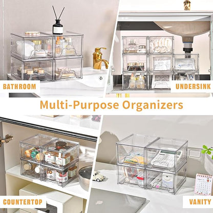 Stebopum 6 Pack Stackable Makeup Organizer, 4.4'' Tall Acrylic Bathroom Makeup Organizer and Storage Drawer with Pull-out Handle, Clear Plastic Storage Bins for Vanity,Pantry,Desk,Undersink,Kitchen